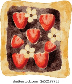 Ilustração aquarela de um sanduíche de morango, morangos frescos na torrada