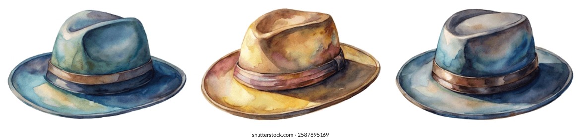 Watercolor illustration, stylish hats, vintage fashion, artistic design, colorful patterns, creative artwork.