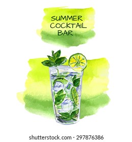 Watercolor illustration of summer cocktail MOJITO with line and mint leaves inside the glass. Summer cocktail bar template.Vector illustration.