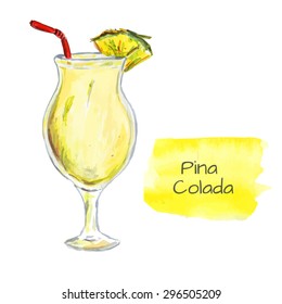 Watercolor illustration of summer cocktail PINA COLADA with pineapple and strike inside the glass. Vector illustration. 