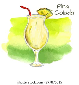 Watercolor illustration of summer cocktail PINA COLADA with pineapple and strike inside the glass. Vector illustration.