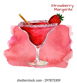Watercolor illustration of summer cocktail STRAWBERRY MARGARITA with strawberry, sugar and strike inside the glass. Vector illustration. 