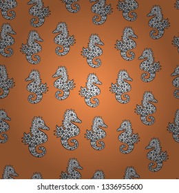 Watercolor illustration. Summer exotic symbol. Hand drawn illustration. Cute seamless pattern for girls, boys, clothes, wallpaper. Vector. Funny Sea Horse. Orange, white, black and turquoise sea life.