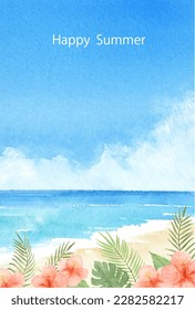 Watercolor illustration of summer greeting postcard painted by watercolor