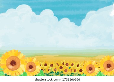 Watercolor illustration of summer landscape with sunflowers in full bloom