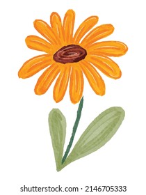 Watercolor Illustration of Sunflower and Leaf