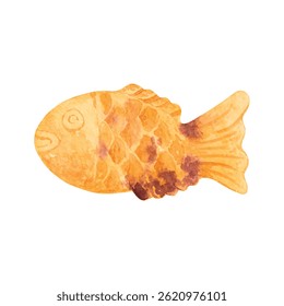 Watercolor illustration of taiyaki or bungeoppang, a fish-shaped snack filled with red bean paste. Perfect for Asian dessert label, menu design, banner, or packaging with a soft and hand-painted look.