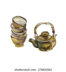 Watercolor illustration - tea ceremony - an elaborate Japanese ritual of serving and drinking tea, as an expression of Zen Buddhist philosophy
