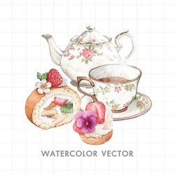Watercolor Illustration Of A Tea Set. Hand Drawn Illustration Of A Tea Set.