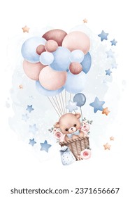 Watercolor illustration Teddy bear and balloons with stars