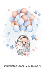 Watercolor illustration Teddy bear and balloons with stars