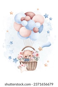 Watercolor illustration Teddy bear and balloons with stars