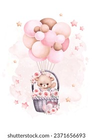 Watercolor illustration Teddy bear and balloons with stars