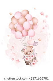 Watercolor illustration Teddy bear and balloons with stars