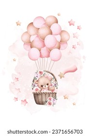 Ilustración acuarela Oso de peluche y globos con estrellas