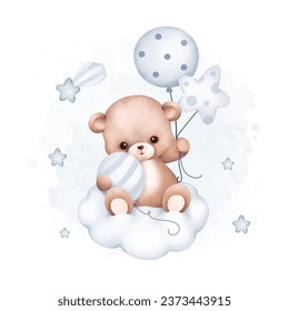 Ilustración acuarela Oso de peluche y globos en la nube con estrellas