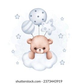 Watercolor Illustration Teddy Bear and balloons on the cloud with stars