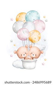 Watercolor Illustration Teddy Bear and Balloons on Cloud