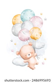 Watercolor Illustration Teddy Bear and Balloons on Cloud