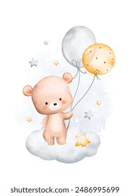 Watercolor Illustration Teddy Bear and Balloons on Cloud