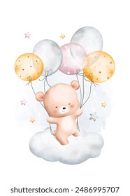 Watercolor Illustration Teddy Bear and Balloons on Cloud