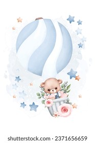 Watercolor illustration Teddy bear in Hot Air Balloon with Stars