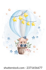 Watercolor illustration Teddy bear in Hot Air Balloon with Stars