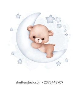 Watercolor Illustration Teddy Bear on the moon with stars