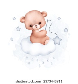 Watercolor Illustration Teddy Bear on the cloud with stars