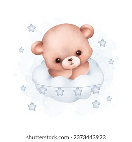 Watercolor Illustration Teddy Bear on the cloud with stars