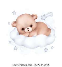 Watercolor Illustration Teddy Bear on the cloud with stars