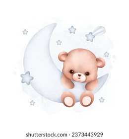 Watercolor Illustration Teddy Bear on the moon with stars