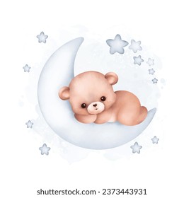 Watercolor Illustration Teddy Bear on the moon with stars