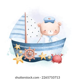 Watercolor Illustration Teddy Bear the Sailor