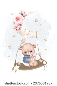 Watercolor illustration Teddy bear swings on moon with stars