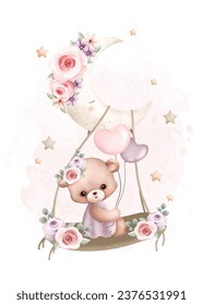 Watercolor illustration Teddy bear swings on moon with stars