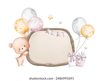 Watercolor Illustration Teddy Bear and Wooden Board with Balloons