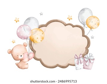 Watercolor Illustration Teddy Bear and Wooden Board with Balloons