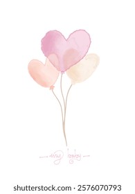 A watercolor illustration of three pastel heart-shaped balloons in pink tones on a minimal white background. Perfect for baby showers, nursery decorations, or Valentine’s Day cards.