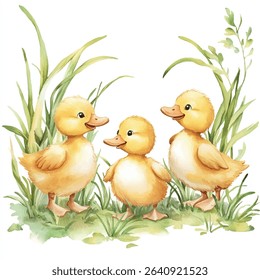 Watercolor illustration of three yellow ducklings standing in green grass. The ducklings have orange beaks and feet, and are facing different directions.