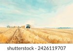 watercolor illustration tractor on the field	
