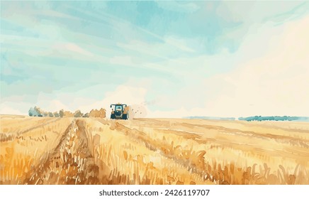 watercolor illustration tractor on the field	
