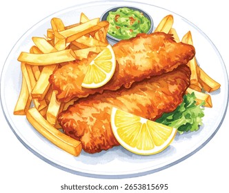 Watercolor Illustration of Traditional British Fish and Chips on Plate with Transparent Background