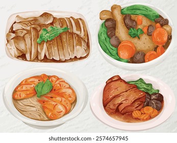 Watercolor Illustration of Traditional Chinese Cuisine Featuring Baked Shrimp with Glass Noodles, Braised Duck with Chestnuts, Braised Duck, and Braised Pork Leg with Chinese Herbs – Authentic Gourmet