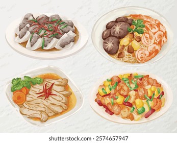 Watercolor Illustration of Traditional Chinese Cuisine Featuring Drunken Chicken, Emperor Rice, Steamed Stuffed Tofu with Soy Sauce, and Stir-Fried Shrimp with Cashew Nuts – Gourmet Food Art.