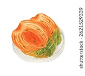 Watercolor illustration of traditional Korean kimchi with vibrant red and green tones. Ideal for food packaging, restaurant menu, label, banner, and branding design.