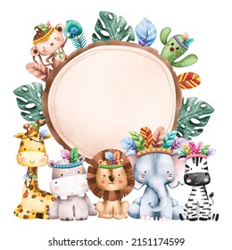 Watercolor Illustration Tribal Safari Animal Frame template