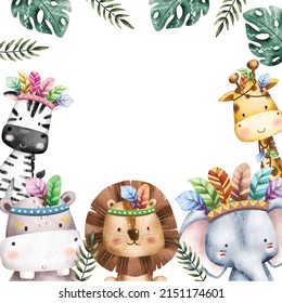 Watercolor Illustration Tribal Safari Animal Frame template