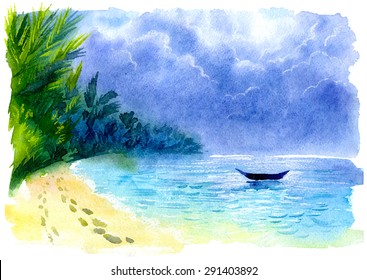 Watercolor Illustration Of A Tropical Beach. Dramatic Cloudy Sky And A Boat In The Sea. Thailand, Koh Phangan Island. Footprints On The Sand, Palm Trees And Blue Clear Water. Vector Edition.