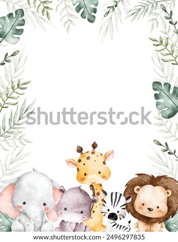 Watercolor Illustration Tropical Leaves Frame With Safari Animals